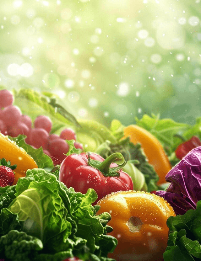 Fresh vegetables and fruit in sunlight